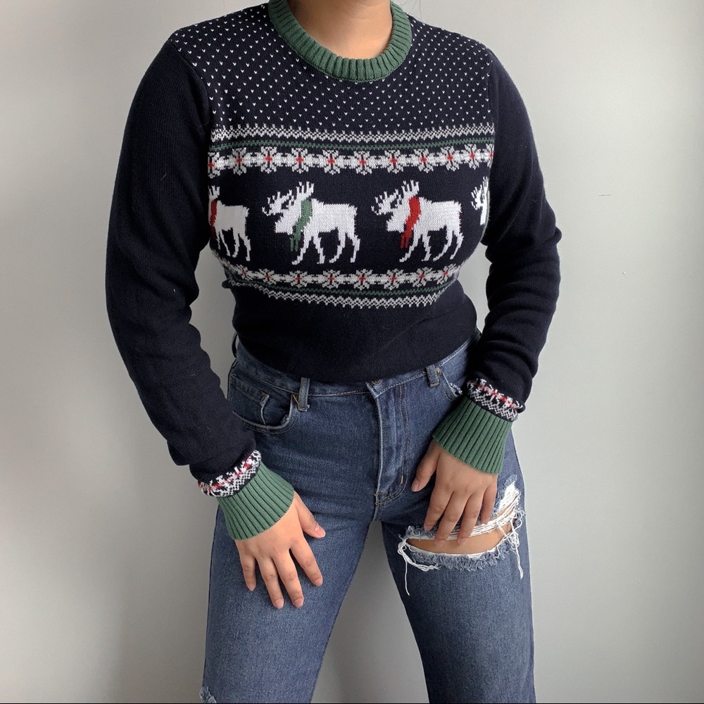 ASPEN, Blue & Green Christmas Sweater w/ Reindeer